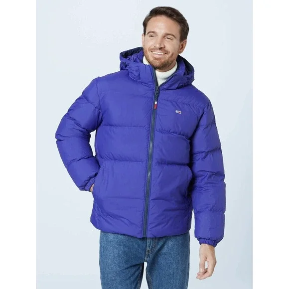 Tommy Jeans Tommy Hilfiger Mens Hooded Down Jacket Blue Sz XS Embroidery Elastic - Picture 2 of 16